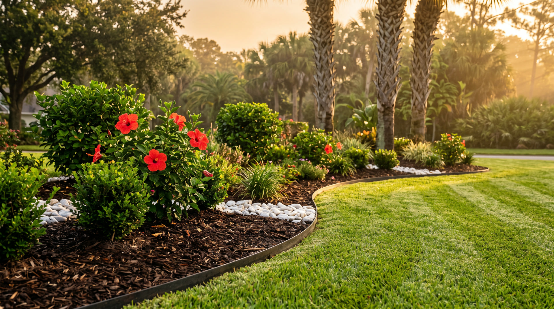 Refreshed planting bed with mulch, rock, and red hibiscus