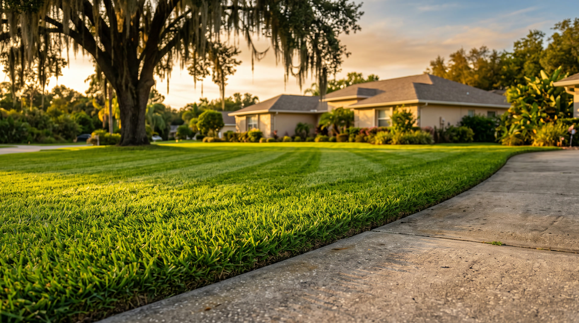 Freshly mowed and edged lawn with crisp stripes