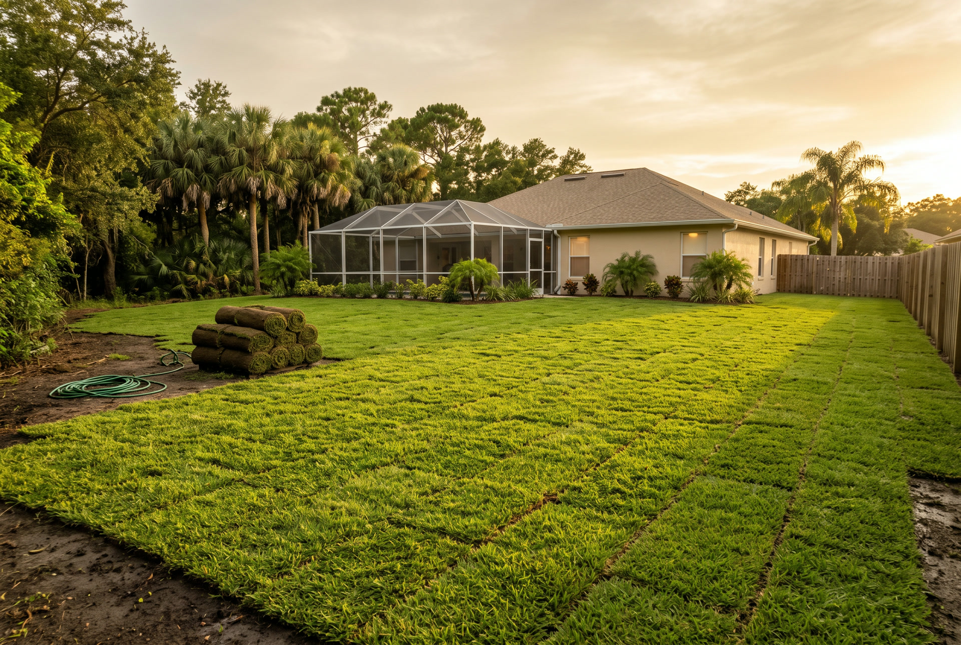 Fresh sod laid in a Spring Hill backyard